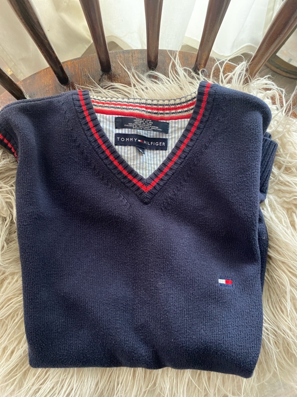 Vintage Tommy Hilfiger Cotton Navy V-Neck Sweater Vest with Red Trim, Size M